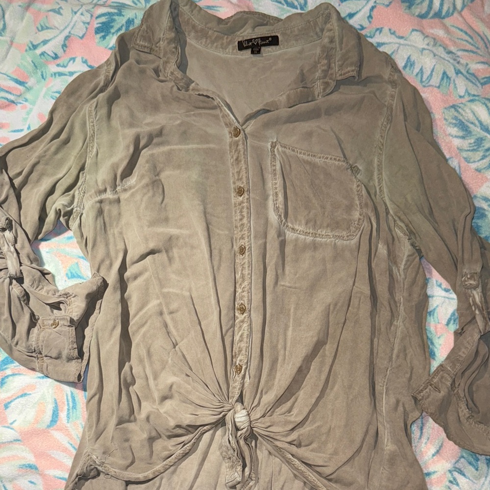 Velvet Heart Beige Button-Down Shirt with Knot
